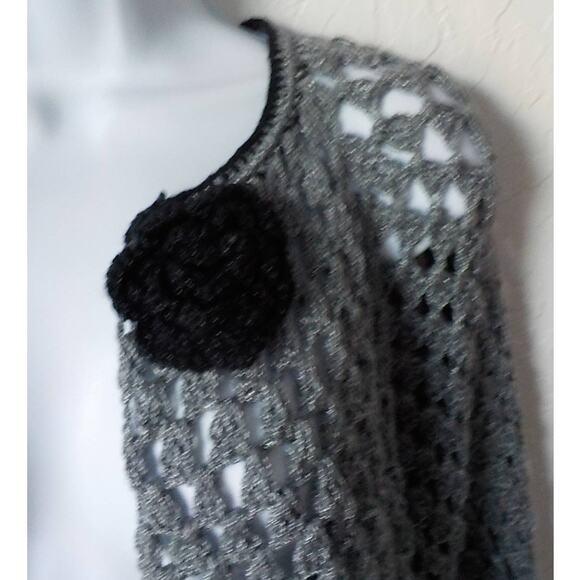 Handmade Crochet Boho Cardigan Fits Medium Gray Metallic Knit and Black Rose - Picture 6 of 7
